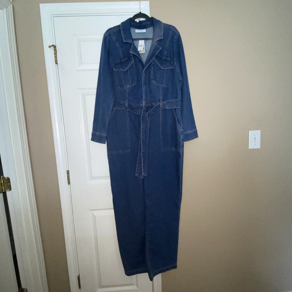 Lane Bryant Womens Blue Denim Jean Utility Straight Leg Long Sleeve Jumpsuit 18L
